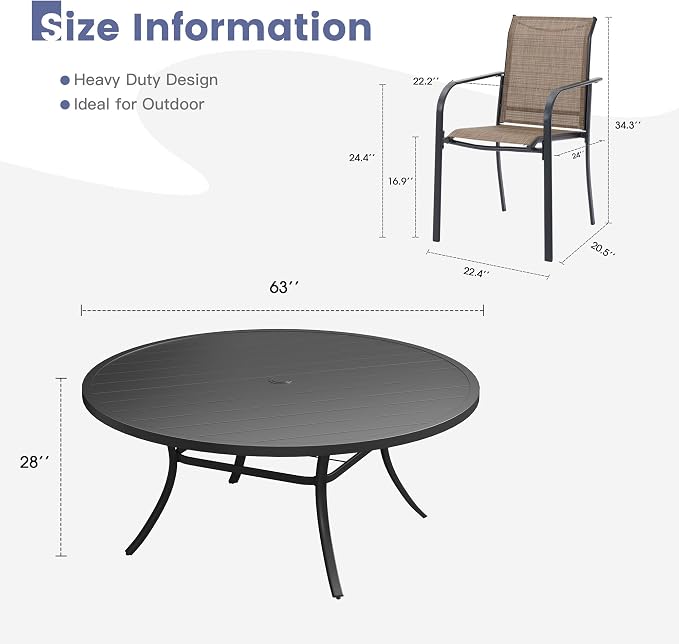VICLLAX Round Outdoor Dining Set, Patio Table and Chairs Set Set of 10 Patio Stackable Chairs and 63" Outdoor Round Table with Umbrella Hole for Backyard Lawn Garden, Brown Chairs and Black Table
