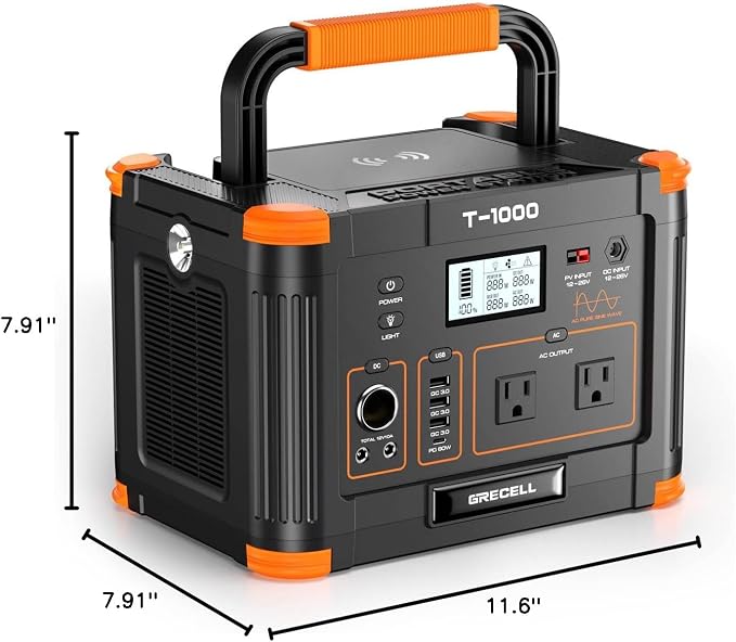 GRECELL 999Wh Solar Generator 1000W, Portable Power Station with 60W USB-C PD Output, 120V Pure Sine Wave AC Outlet Backup Lithium Battery for Outdoors Camping Travel Hunting Home (Peak 2000W)