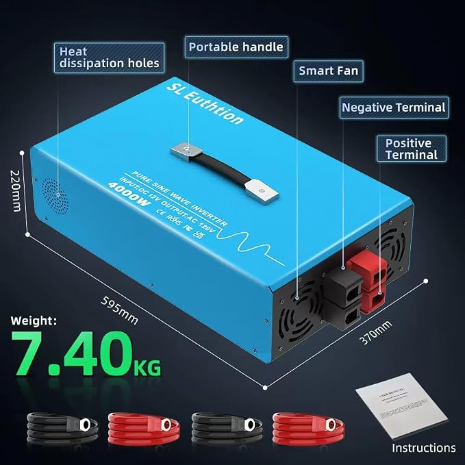 4000W Pure Sine Wave Power Inverter Voice Control AI Voice Assistant Support English 12V to 120V 60HZ with LCD Display, USB Port, for Car Home Laptop Truck