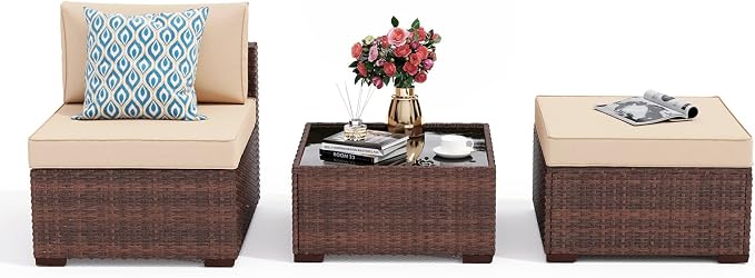 Patiorama 3 Piece Patio Furniture Set, Outdoor Sectional Sofa, PE Wicker Rattan Conversation Set, All Weather Armless Chair and Ottoman with Coffee Table, Brown Wicker Beige Cushion