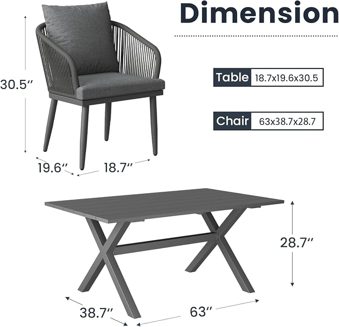 7-Piece Patio Dining Table Sets, Woven Wicker Dining Set with Rectangular Aluminum Table and Dining Chairs Modern Outdoor Dining Furniture Set for Outdoors and Indoors