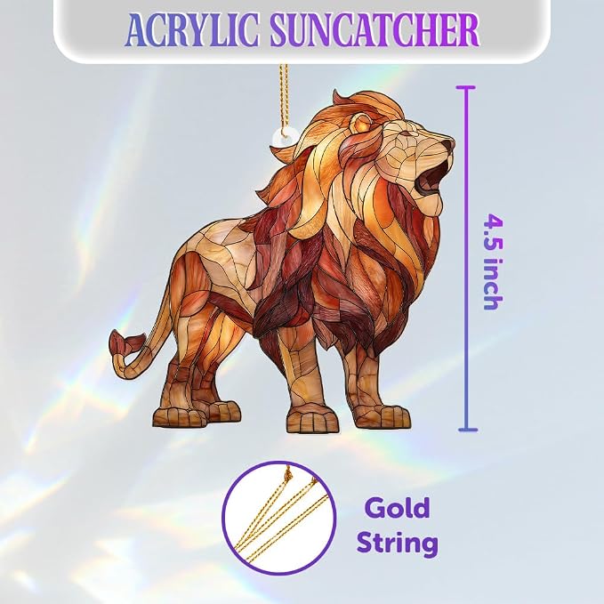 Lion Stained Glass Ornament Acrylic Window Hanging Sun Catcher – Wildlife Animal Decor for Christmas Tree, Rearview Mirror, Home & Car Accessories, Safari Gifts for Men Women, Symbol of StrengthSun-26