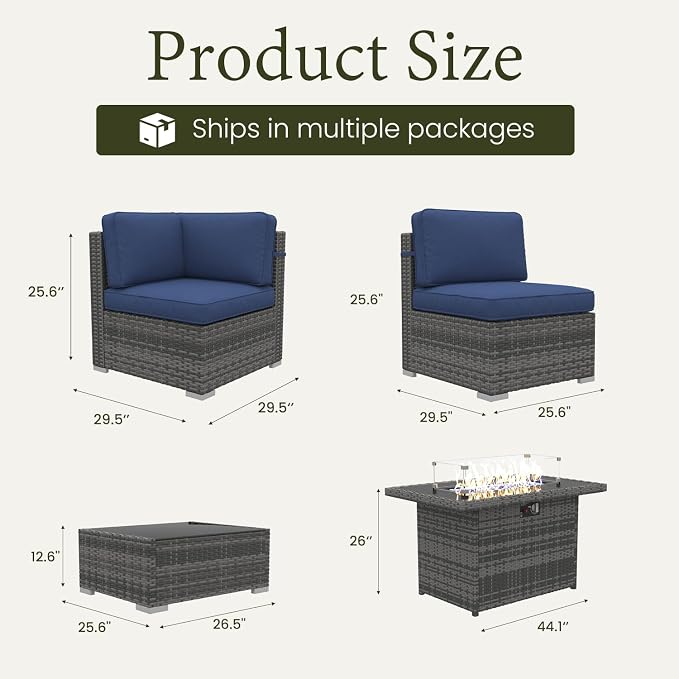 LayinSun 8 Piece Patio Furniture Set with 44" Propane Gas Fire Pit Table, Outdoor Sectional Conversation Set Wicker Rattan Sofa Set with Coffee Table