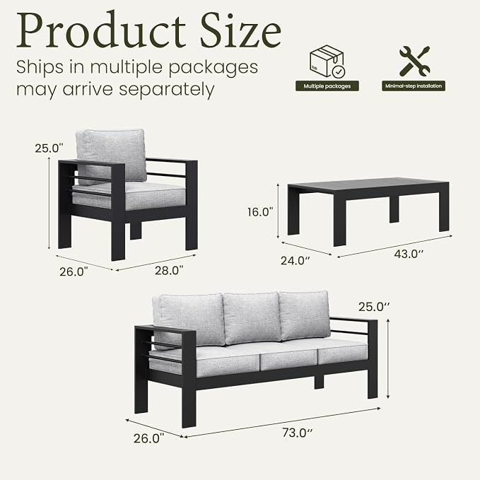 LayinSun Outdoor Aluminum Furniture Set, 4 Pieces Patio Sectional Conversation Chat Sofa Modern Seating Set with Coffee Table