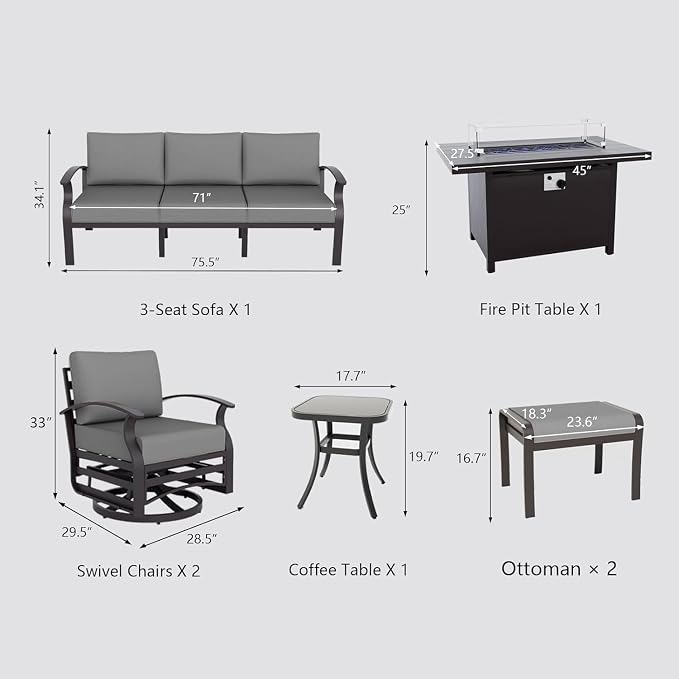 7 seat Patio Sectional Sofas Grey Aluminum Patio Furniture Set Metal Outdoor Furniture with Propane Fire Pit Table Swivel Chairs Ottomans for Porch Backyard Poolside