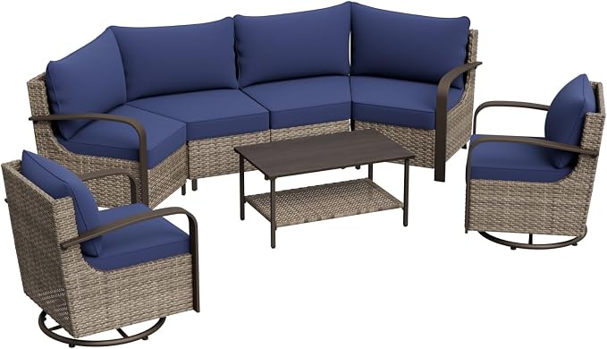 COOS BAY Aurora Terrace 6 Piece Outdoor Sectional Furniture Set, Half Moon Rattan Wicker Conversation Set with Swivel Chairs, 4 Seat Sofa & Coffee Table for Patio Garden Yard, Beige/Blue