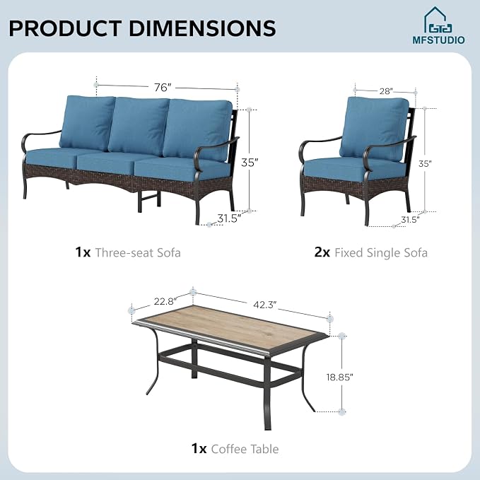 MFSTUDIO 4 Pieces Outdoor Patio Furniture Set, Metal Outdoor Conversation Set, Rattan Wicker Patio Sectional Sofa Set with 2 x Fixed Single Sofa, 3-Seat Sofa, 1 x Coffee Table, Navy Blue