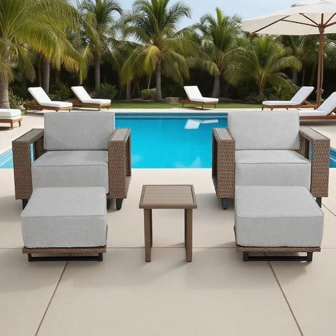 5 Pieces Outdoor Patio Furniture Set, PE Rattan Weaving Sofa with 10 inch Thick Cushions, with Dining Table,Coffee Table and 2 footstools, Steel Frame, Outdoor Conversation Set Brown/Beige/Wood