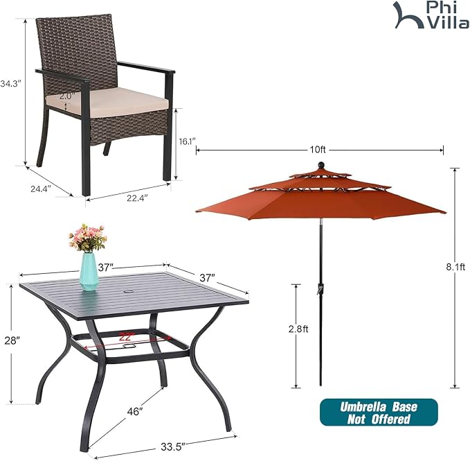 PHI VILLA 5pc Patio Dining Set with Umbrella, Square Table, Rattan Chairs | 37" Metal square dining table, cushioned wicker chairs, 10ft red umbrella. Perfect for patio, deck, yard, porch.