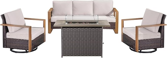 High Back Patio Furniture Set with Fire Pit Table, 4-Pieces Outdoor Furniture with Metal Arm Swivel Chairs, Wicker Conversation Set for Porch, Balcony, Deck and Yard, Beige