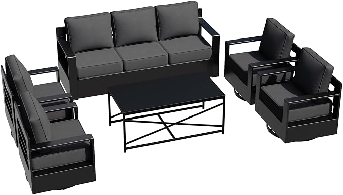 Outdoor Aluminum Furniture Set, 5-Piece Patio Conversation Set, 4 Swivel Chairs, 1 Sofa and 1 Table, All-Weather Metal Frame, 6" Thick Removable Cushions, Deep Setting for Garden, Porch