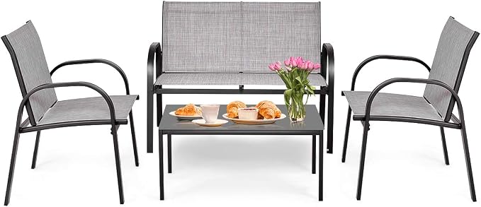 Tangkula 4 Pieces Patio Furniture Set, Metal Frame Heavy Duty Outdoor Conversation Set, Includes Glass Top Coffee Table, 2 Armrest Chairs and Loveseat, Suitable for Lawn Garden Porch Balcony (Gray)