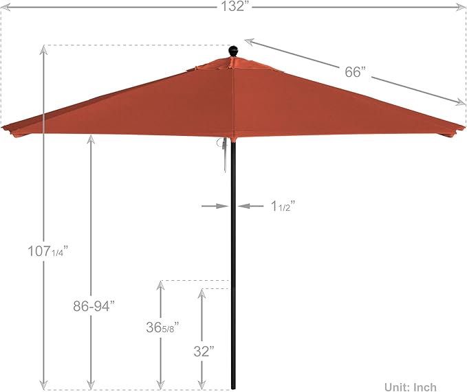 California Umbrella 11Ft Commercial Grade Market Umbrella, Pulley Lift, Aluminum/Fiberglass, 2mm pole wall, Black Frame, Solution Dyed Sunset Fabric