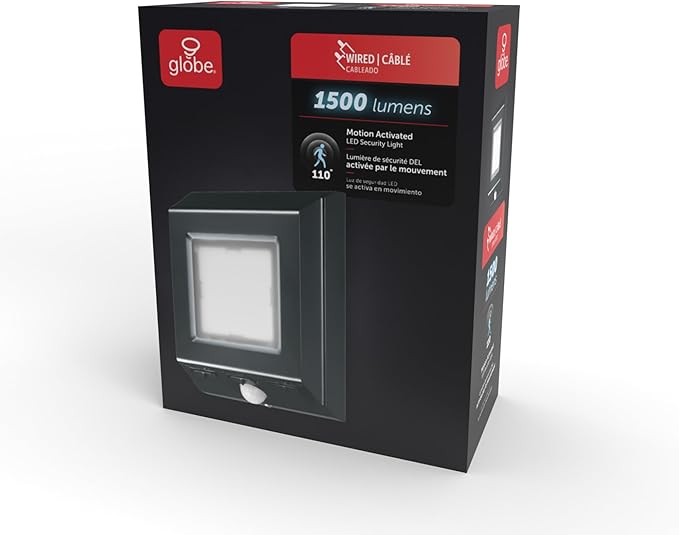 Globe Electric 110-Degree 15W Slim Black 500-1000-1500 Lumens Hardwired Motion Activated Outdoor Integrated LED Security Light, Outdoor, Outside House Lights