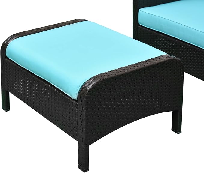 Outsunny 5 Pieces Rattan Wicker Lounge Chair Outdoor Patio Conversation Set with 2 Cushioned Chairs, 2 Ottomans and Tempered Glass Top Coffee Table, Brown/Blue