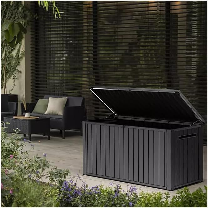 Stylish Indoor/Outdoor Storage Deck Box,Resin,Large Capacity, Weather-Resistant, Lockable lid and Side handles. (Black, 170 Gallon)