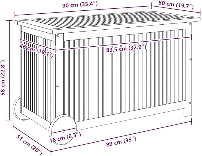 Outdoor Storage Box with Wheels 35.4x19.7x22.8 Inch Solid Acacia Wood, Waterproof Garden Cushion Organizer for Patio Furniture, Indoor Outdoor Use with Handle and PE Liner