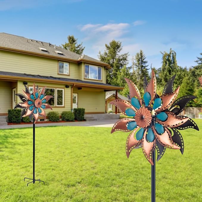 VEWOGARDEN Metal Wind Spinners Outdoor Kinetic Flower Wind Spinner for Outdoor Garden Lawn Patio Decorations, Antique Bronze & Blue