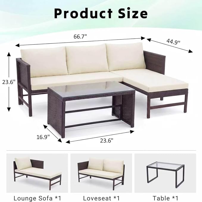 Tappio 3 Pieces Patio Furniture Sectional Sets, 3-Piece Outdoor PE Rattan Furniture Sets, Outdoor All-Weather PE Rattan Wicker Lawn Conversation Sets with Cushion and Glass Table
