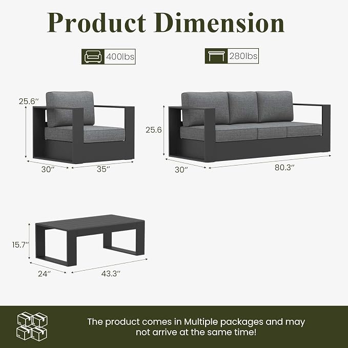 LayinSun Oversized Aluminum Outdoor Furniture Set, 4 Piece Patio Sofa Sets with Coffee Table, Deep Seating and Upgraded 6-inch Cushions for Porch, Balcony, Deck
