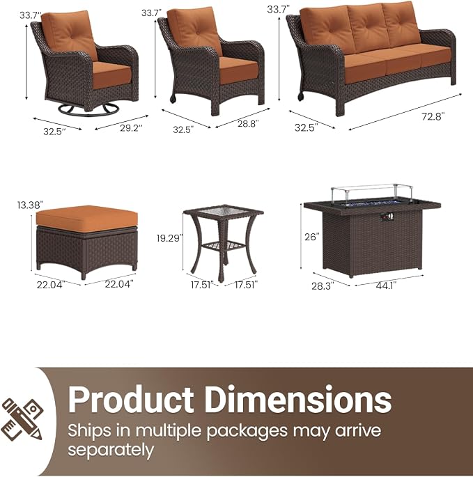 10 Pieces Outdoor Furniture Set with 6-inch Cushions, High Back Wicker Swivel Rocker Chairs with Fire Pit Table, Luxury Conversation Set for Deck Patio and Poolside