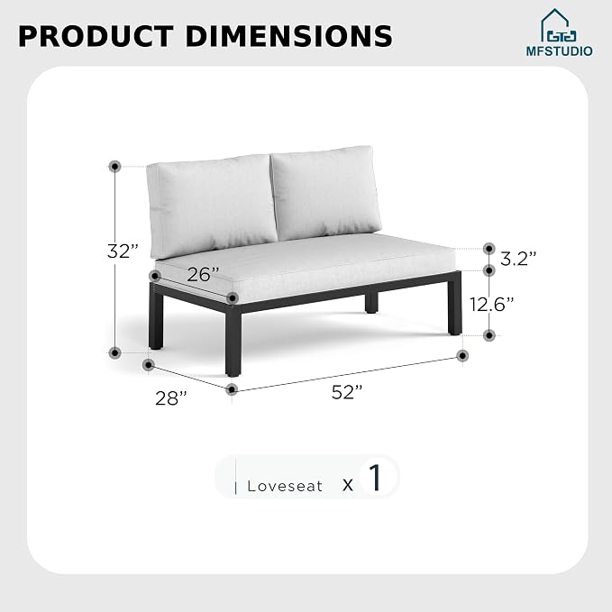 MFSTUDIO 2 Seat Patio Loveseat with Cushion, Outdoor Metal Frame Patio Sofa Conversation Set with Removable Cushion for Backyard,Garden,Deck