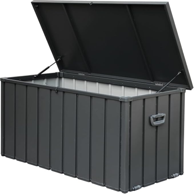 Outdoor Deck Box, Waterproof Metal Patio Storage Box with Lockable Lid, Large Outdoor Cushion Storage for Patio Furniture, Garden Tools and Pool Accessories (Dark Grey, 150.0, Gallons)