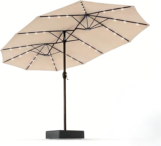 15FT Patio Umbrella with Solar Lights, Double-Sided Extra Large Outdoor Table Umbrella with Base Included, Heavy-Duty 12 Iron Ribs Market Umbrella for Garden, Pool, Backyard, Beige
