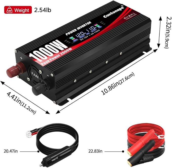 Cantonape 1000 Watt Power Inverter DC 12V to 110V/120V AC Car Inverter with LCD Display, 2 AC Outlets, 3.0A USB and 20W Type-C Car Charger for Vehicles Home Laptop Truck Black