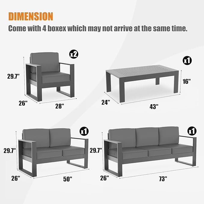 5 Piece Modern Aluminum Patio Furniture Set, Outdoor Patio Sectional Conversation Metal Seating Sets with Olefin Cushion and Coffee Table