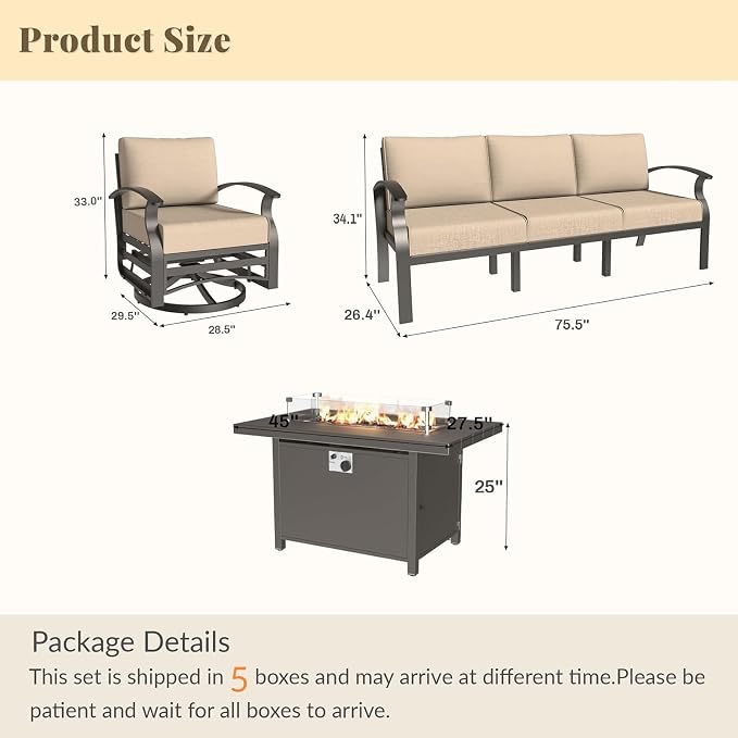Aluminum Patio Furniture Set with 55,000 BTU Propane Fire Pit Table,8 Seats Metal Modern Outdoor Furniture w/5.1" Cushions,Patio Sectional w/Swivel Chairs for Patio,Backyard,Sand