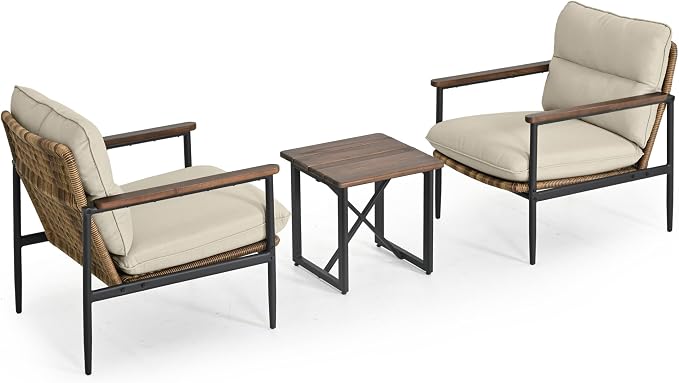 HAPPATIO 3-Piece Outdoor Furniture Set, Patio Aluminum Conversation Set with Wicker Seat and Acacia Wood Armrest, Removable Thick Olefin Cushion for Garden Lawn Backyard