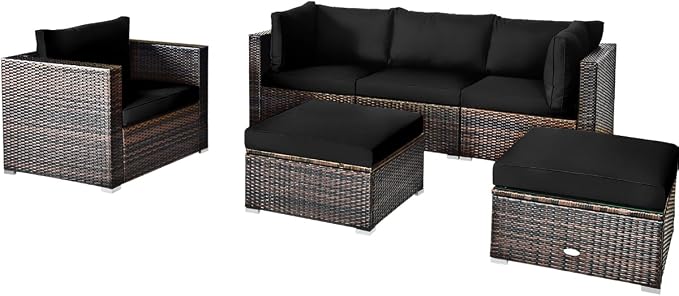 Tangkula 6 Pieces Wicker Patio Furniture Set, PE Rattan Outdoor Sectional Conversation Set with Glass Coffee Table & Ottoman, Wicker Sofa Set with Cushions for Yard Garden, Deck, Porch (Black)