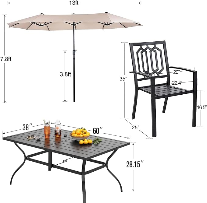 PHI VILLA 8 PCS Patio Dining Set w/ 13ft Umbrella(Beige) | Metal Outdoor Dining Set - 6 x Outdoor Stackable Chairs, 1x 60"x38"Rectangle Dining Table and 1 Umbrella