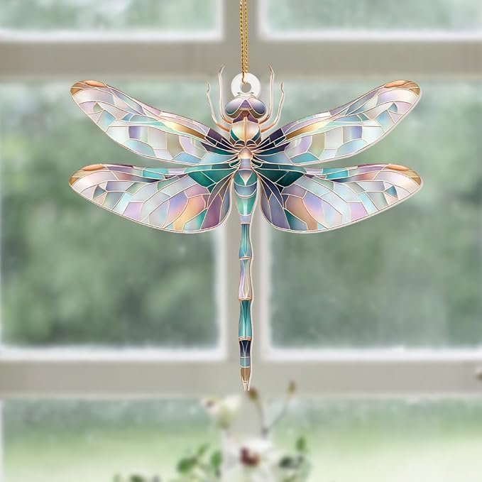 Dragonfly Ornament Stained Glass Style – Acrylic Window Hanging Suncatcher, Car Rearview Mirror Charm, Whimsical Holiday Christmas Tree Ornament, Unique Dragonfly Gifts for Women, Mom, Teacher(Sun-13)