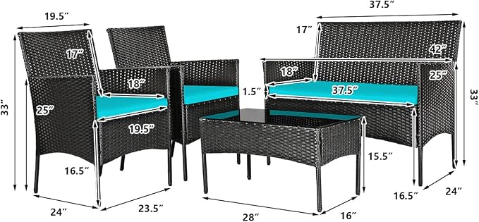 HAPPYGRILL 8-Piece Patio Furniture Set Rattan Wicker Conversation Set with Tempered Glass Top Table, Outdoor Wicker Sofa Set with Removable Cushions for Poolside Garden Backyard