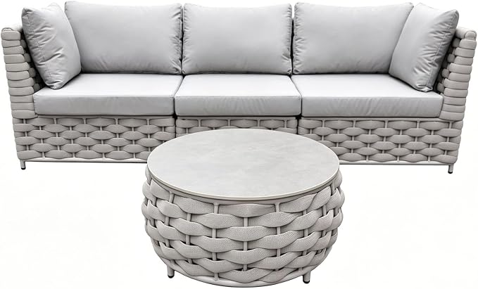 TWT 4 Piece Patio Furniture Set, All-Weather Outdoor Sectional Sofa with Coffee Table, Modern Conversation Couch Set, for Backyard Porch Garden Poolside Apartment Balcony,Light Grey