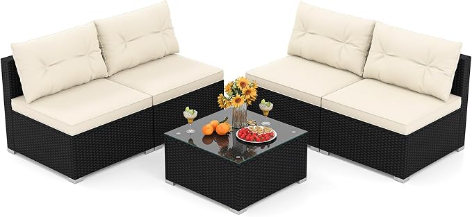 Tangkula 5 Piece Rattan Sofa Set, Patiojoy Outdoor Wicker Furniture Set with Seat & Back Cushions, Square Coffee Table, Patio Sectional Sofa Set for Backyard, Poolside, Garden