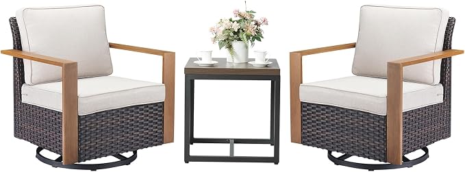 Outdoor Swivel Rocker Patio Chairs Set of 3, High Back Swivel Patio Chairs with Side Table & Metal Arm, Wicker Outdoor Bistro Set for Porch, Yard, Deck, Poolside, Beige