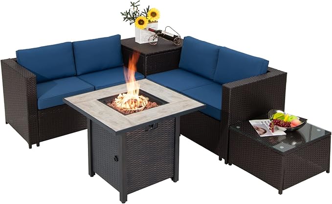 COSTWAY 5 Piece Patio Furniture Set with 30'' Fire Pit Table, Outdoor Wicker Rattan Loveseat Sofa with 4'' Thickened Cushions, 2 Side Tables, Sectional Conversation Set for Backyard (Navy)