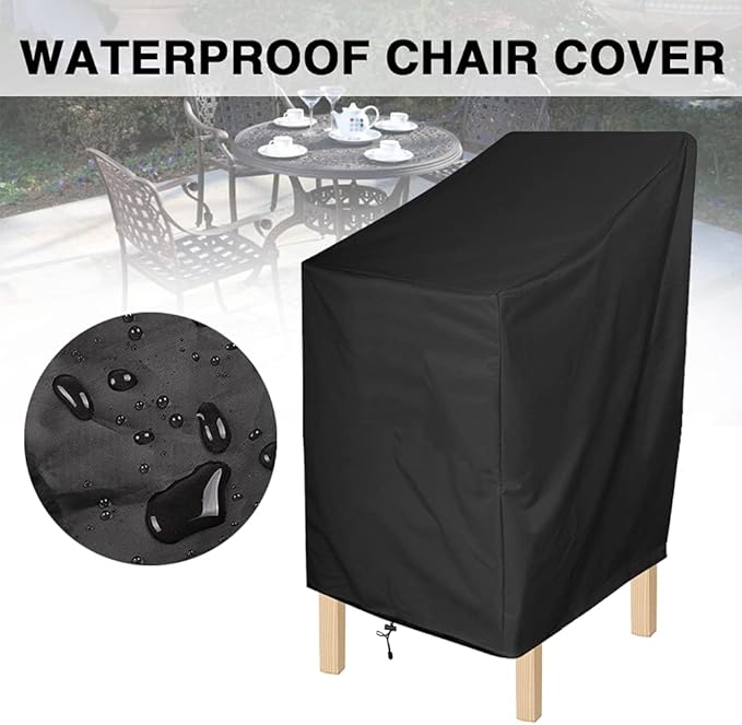 ANMINY Waterproof Patio Chair Covers UV-Resistant Windproof Outdoor Barstools Chair Cover Stackable Lawn High Back Dining Chair Furniture Protector with Storage Bag - Black, Pack of 2
