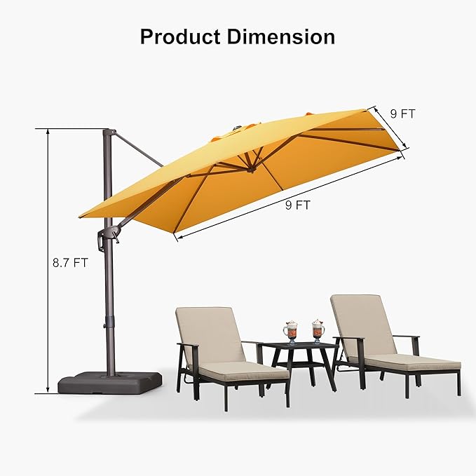 PURPLE LEAF 9' X 9' Patio Umbrella With Base Antique Bronze Square Cantilever Umbrella Outdoor with 360° Rotation and Aluminum Offset Hanging for Pool Deck Garden Backyard, Yellow