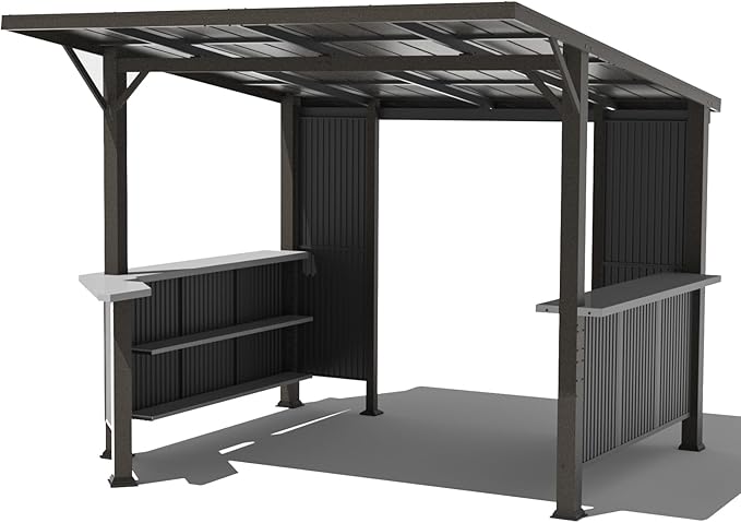 ALAULM 10'x 10' Hardtop Grill Gazebo, Outdoor BBQ Gazebo with Storage Shelves and Expansion Platform, Permanent Galvanized Steel Lean to Canopy with Grey-Black Metal Privacy Screen for Patio