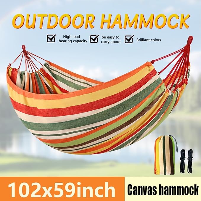 Cotton Canvas Hammock with Tree Straps - Portable Hammock for Outdoor Indoor Patio Backyard, Camping Hammock with Carry Bag, 440lbs Capacity, Without Stand(Orange, Without bar)
