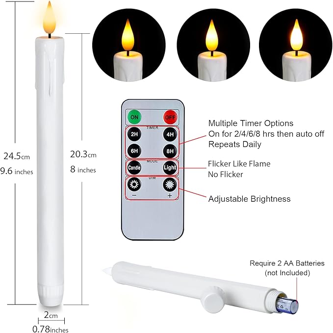 Homemory 24 Pcs White Flameless Taper Candles with Remote Timer, Lifelike Taper Candles Battery Operated with Flickering Light, Plastic, Led Candlesticks, Christmas Home Wedding Decor, 9.6 Inches