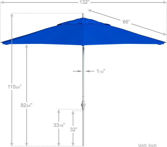 California Umbrella 11Ft Premium Sunbrella Patio Umbrella, Hand-Crank, Tilt-Collar, White Frame, Pacific Blue Fabric