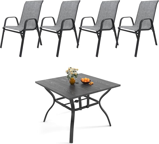 5 Piece Patio Dining Set, Stackable Outdoor Chairs Set of 4 with Textilene Fabric, 37.8" Wood-Grain Square Table with Umbrella Hole for Backyard Lawn Party (1 Table + 4 Chairs) (Grey)
