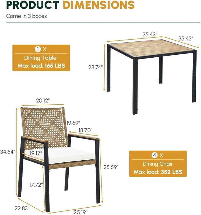 Outdoor Rattan 5 Piece Patio Dining Table Set Yellow Cushions Acacia Wood Top with Umbrella Hole All Weather 43 Inches for Backyard Deck Poolside Summer BBQ Essentials Aesthetic Backyard