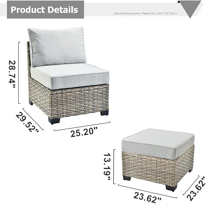 HOOOWOOO Outdoor Sectional Patio Furniture Set,3 Pieces Set with 1 Armless Wicker Chair and 2 Ottomans,Extra Deep Out Door Sofa Outside Furniture,Light Gray