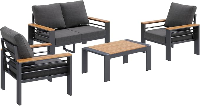 Aoxun Patio Furniture Set, 4 Piece Aluminum Patio Sets with 5" Thicken & Washable Cushion, Waterproof Outdoor Furniture with Coffee Table, Outdoor Couch Sectional for Backyard, Porch and Garden